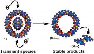 A molybdenum oxide nanowheel templated on a transient cluster.  From Miras et al, Science 327 p 72 (2010).