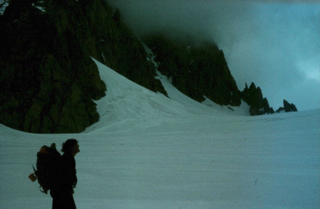 On the glacier with a rising star of 1980s English alpinism, Mark Miller.  Note the strategically attached mug.  The weather is closing in, but at least we can have a nice cup of tea.