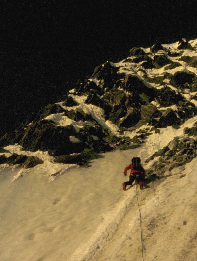 Sean Smith approaching the mixed ground at the exit from the Jager Couloir, E. Face of Mont Blanc de Tacul